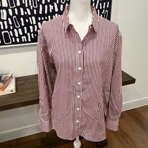 NWOT Spanx Poplin Oversized Long Sleeve Button Down - Burgundy/White Stripe - XL